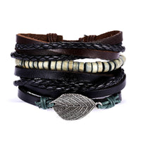 New Men's Leather Suit Creative Leaves Wooden Bead Woven Adjustable Suit Bracelet - Chic Angle