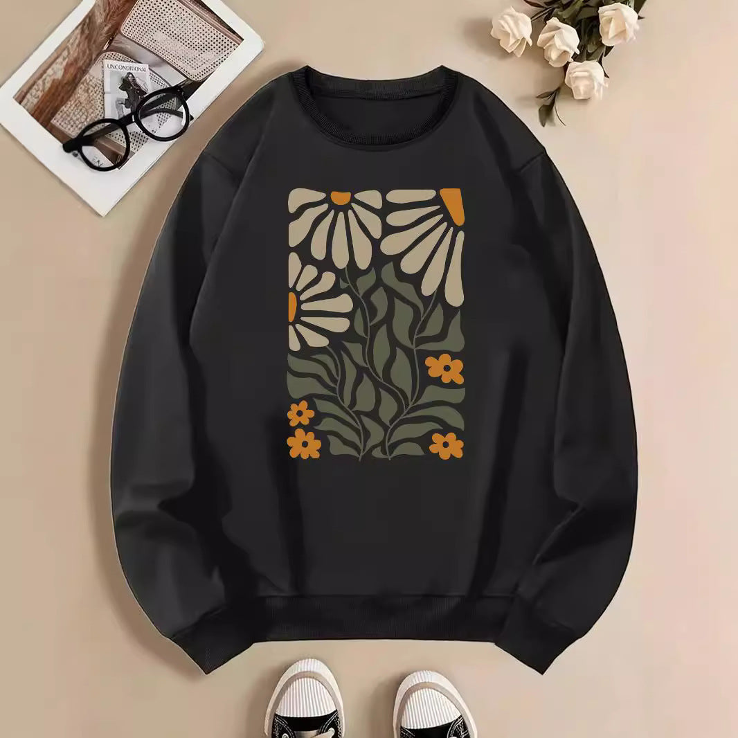 Flowers And Plants Round Neck Long Sleeve Sweater For Women