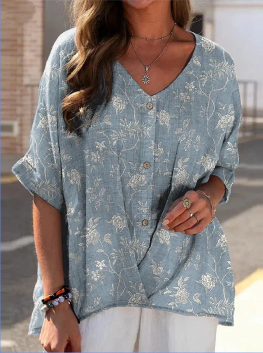 Printed V-neck 5 Points Drop-shoulder Sleeve Cotton And Linen Loose Casual Shirt