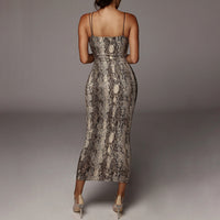 V-neck snake print suspender midi dress