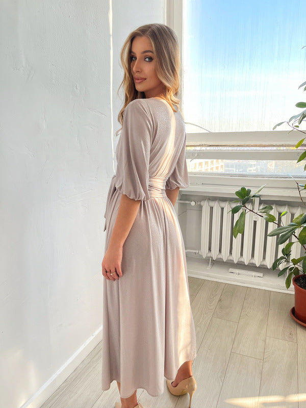 Women's Solid Color And V-neck Lantern Sleeve Waist-tight Maxi Self-tie Slit Dress