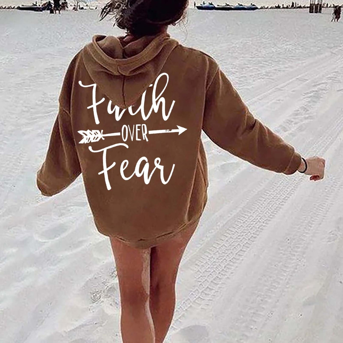 Plain Letter Printed Kangaroo Pocket Drawstring Women's Brushed Hoody