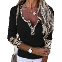 Leopard Splicing V-neck Buttons Top Sexy Slim Fit T-shirt