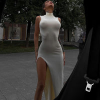 Women's Fashion Round Neck Slim Fit Slit Midi Dress