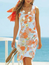 European And American Floral Print U-neck Sleeveless Beach Vacation Mid-length Dress