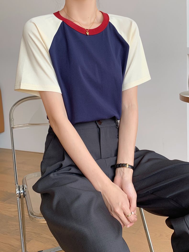 Retro Patchwork Contrast Color Round Neck Short Sleeve