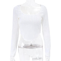 Sexy U Neckline Spice Girl Fishbone Bundle Lumbar Muscle Short Temperament Slim Long Sleeve Top T-shirt Woman