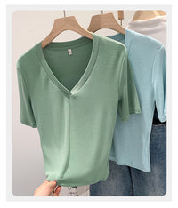 V-neck Shoulder Short-sleeved T-shirt Women's Fashion Small Top