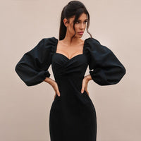 Sexy low-cut midi skirt fluffy sleeve dress