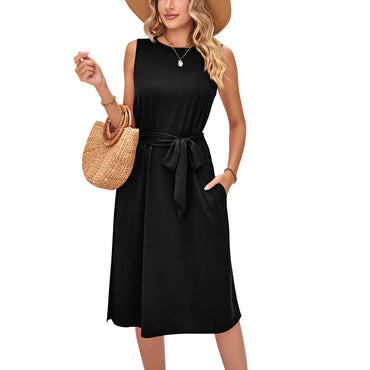 Summer Casual Sleeveless Vest Belt Midi Dress