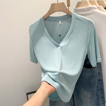V-neck Shoulder Short-sleeved T-shirt Women's Fashion Small Top