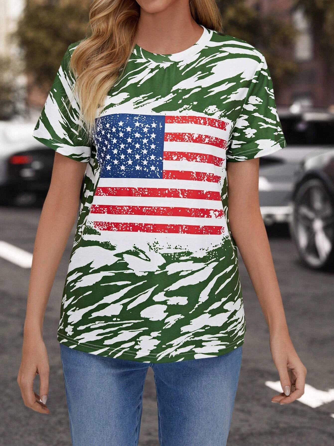 Flag Print T-shirt Crew Neck Casual - Chic Angle