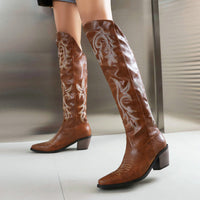 Embroidery Sleeve Western Cowboy Boot Chunky Heel High Heel