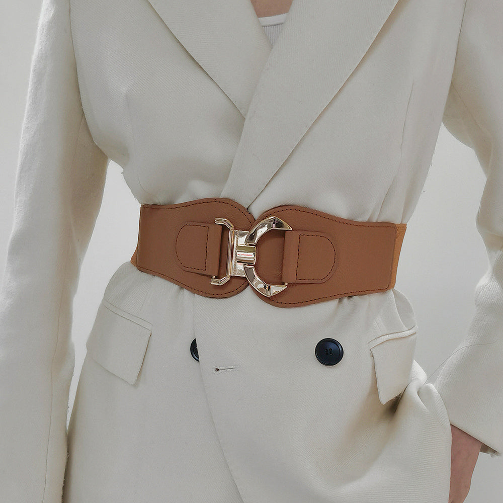 New Autumn And Winter Women's Wide Belt Metal Curved Buckle Belt With Suit Jacket Elastic Elastic Comfortable Waist