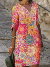 Printed V Neck Half Sleeve Multicolor Midi Dress