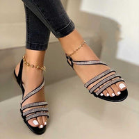 Low Top Round Toe Solid Color Empty Fish Mouth Flat Breathable Rhinestone Fashion Sandals