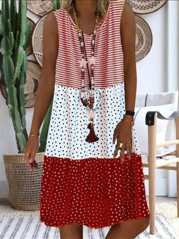 New Print Stitching Sleeveless Midi Dress