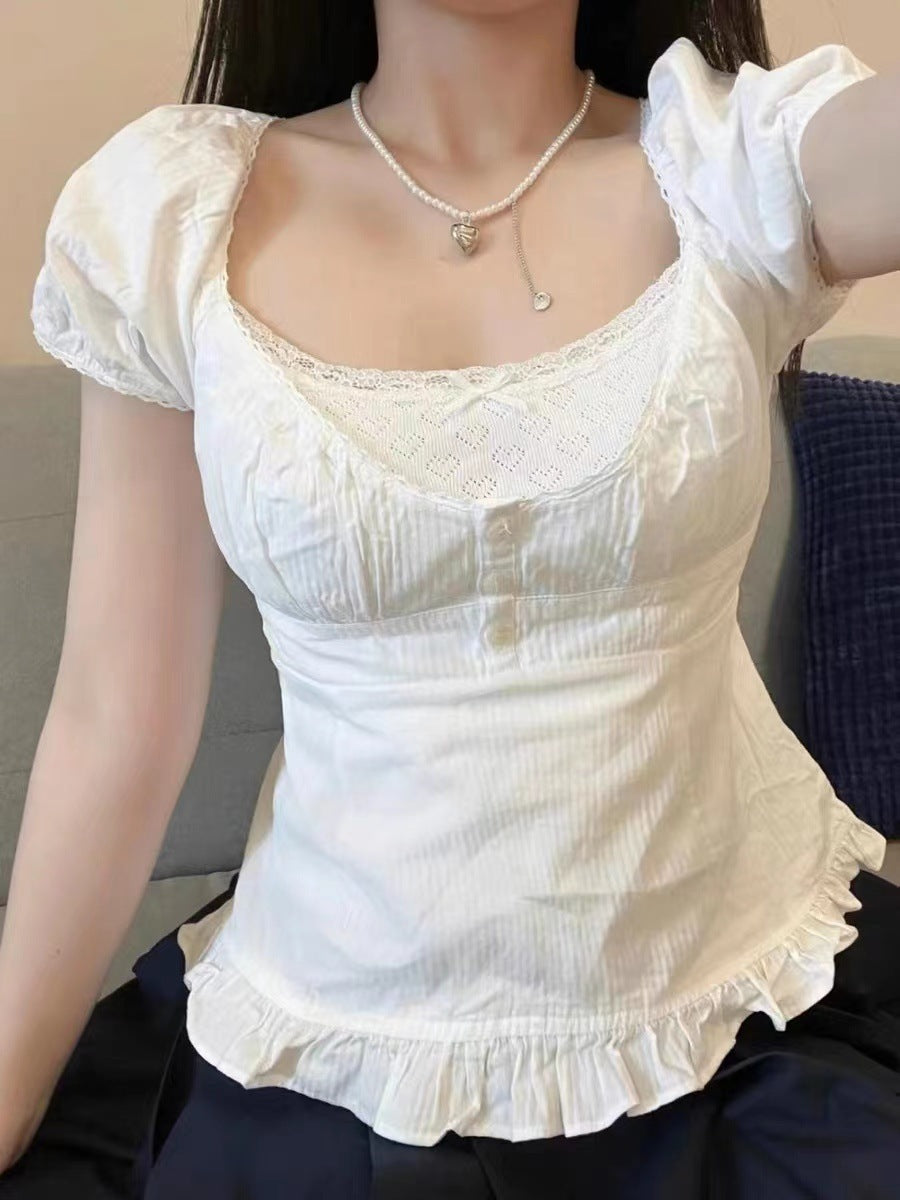 New French Style High Waist Ruffles U-Collar Cotton Top