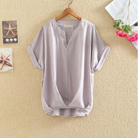 Solid Color And V-neck Batwing Sleeve Top Loose Slimming Cotton And Linen Shirt