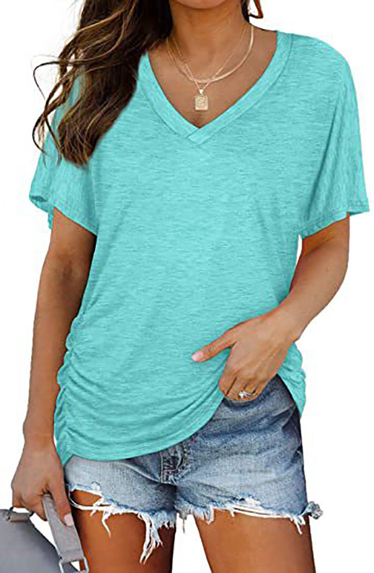 European And American T-shirt Solid Color Casual Loose-fitting V-neck Top - Chic Angle
