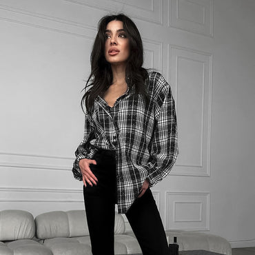Fashion Stick-on Crystals Loose Plaid Shirt Retro Black And White Plaid Shirt