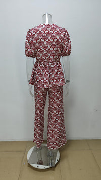 Summer Printed Pleated Women's Pants Suit Hollow Out Suit - Chic Angle
