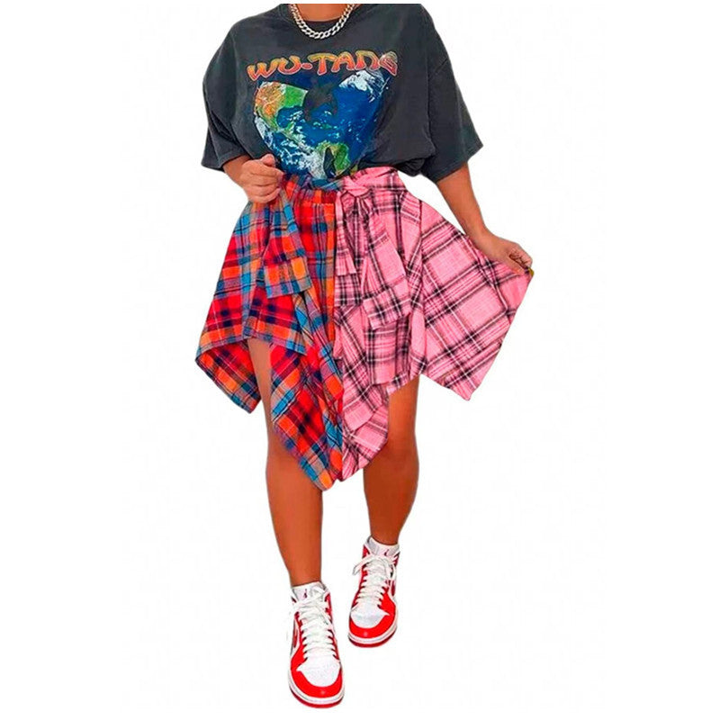 Elegant Irregular Lace-Up Check Midi Skirt