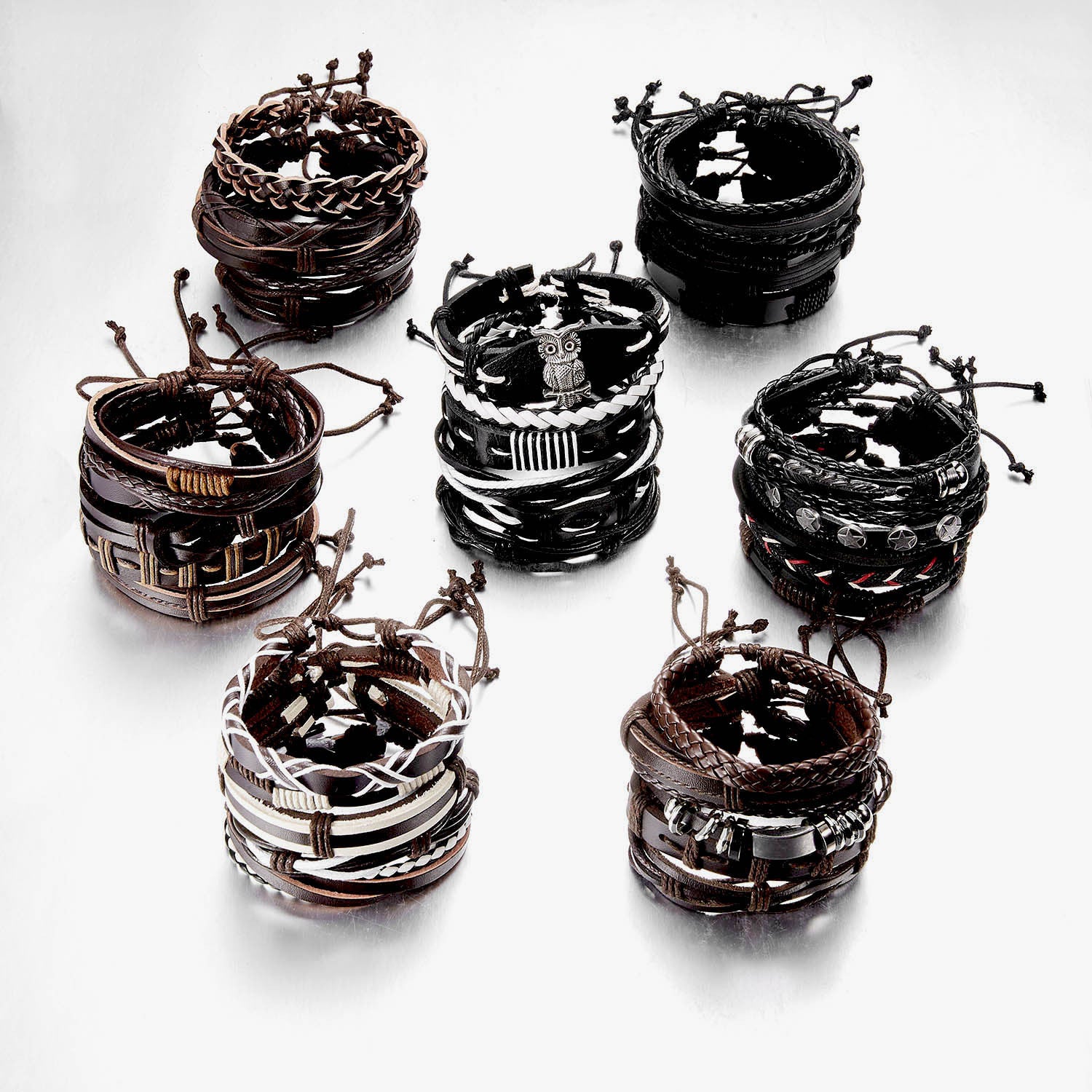 New Men's Leather Suit Creative Leaves Wooden Bead Woven Adjustable Suit Bracelet - Chic Angle