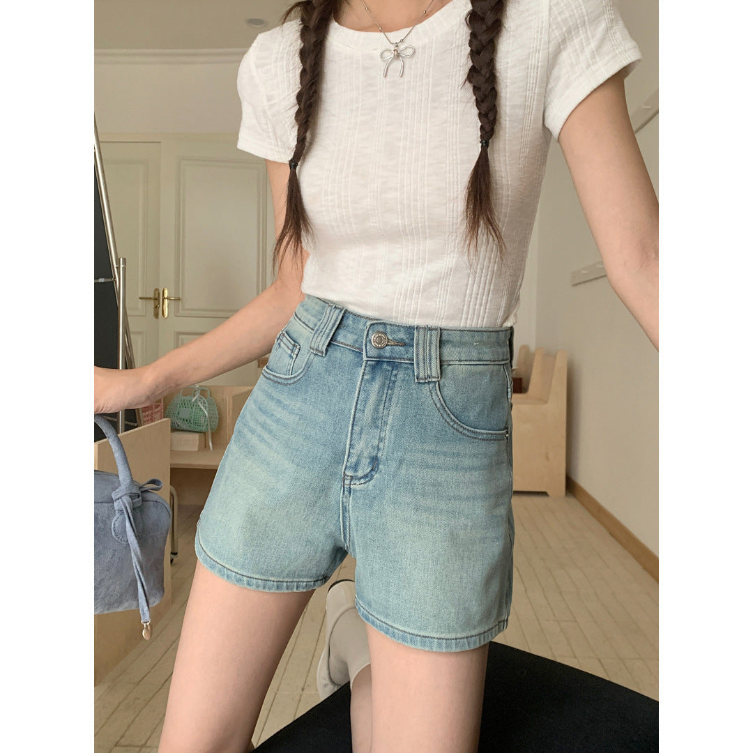 Women's Four Sided Elastic Light Colored High Waisted Denim Shorts - Chic Angle