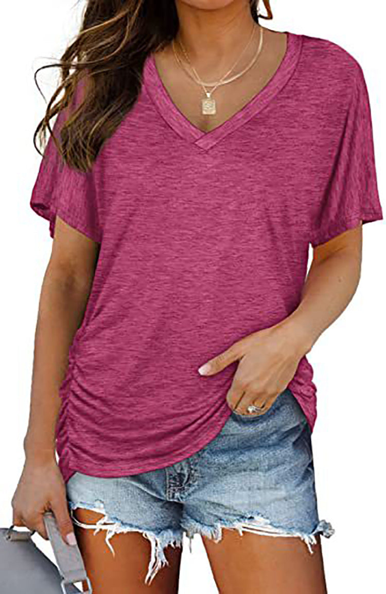 European And American T-shirt Solid Color Casual Loose-fitting V-neck Top - Chic Angle