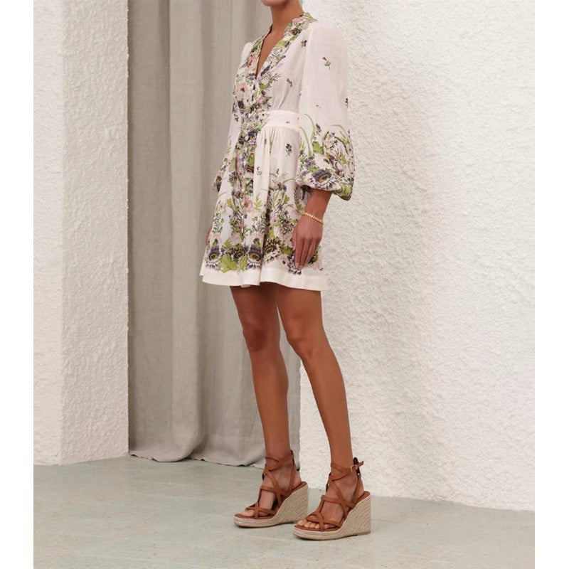Australian Design Lantern Sleeve Cotton And Linen Temperament Waist-controlled Single-breasted Skirt Vacation Style