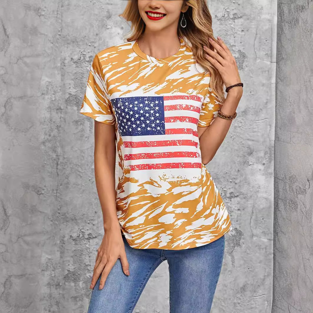 Flag Print T-shirt Crew Neck Casual - Chic Angle
