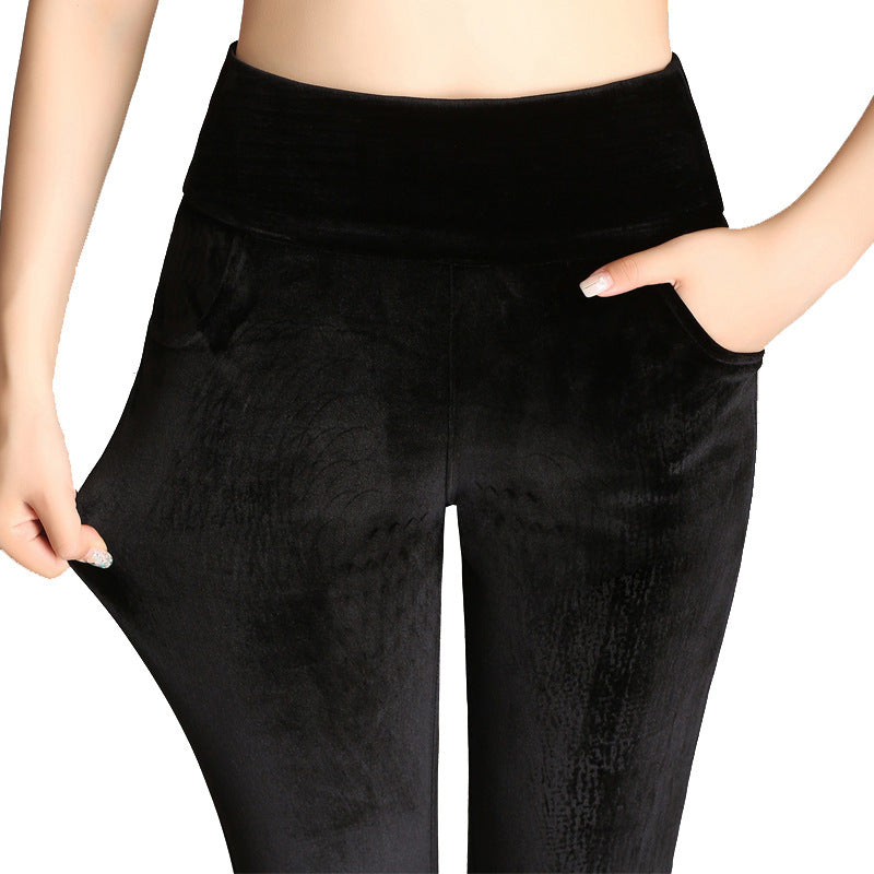 Warm Stretch Pencil Trousers High Waist Large Size Gold Velvet