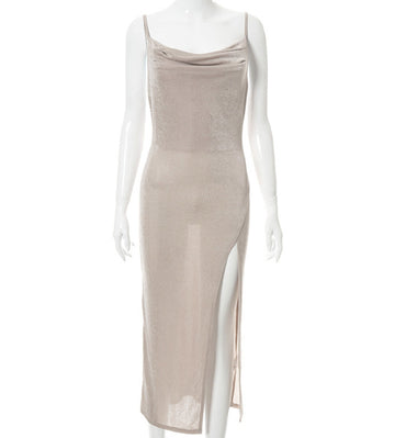Fashion Trend Temperament Gentle Folded Collar Pleated Slit Midi Dress
