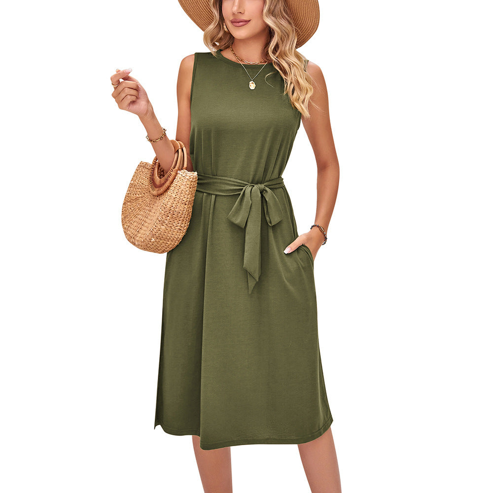 Summer Casual Sleeveless Vest Belt Midi Dress