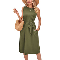 Summer Casual Sleeveless Vest Belt Midi Dress