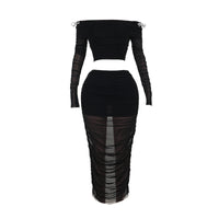 Fashionable Elegant Shiny Butterfly Mesh Off-shoulder Long Sleeve Mid-length Dress Set