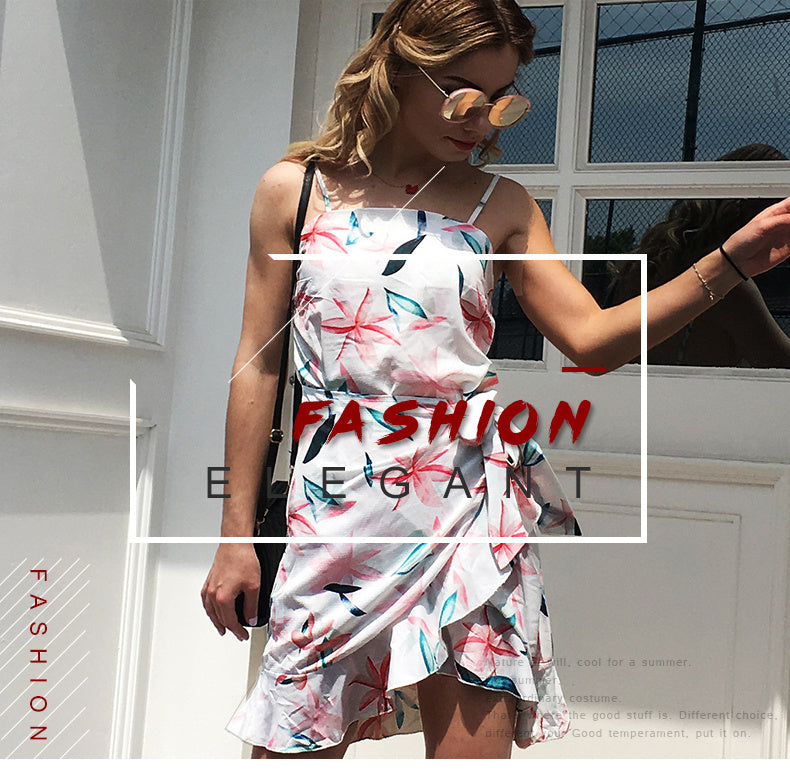 USA SIZE Leaf Print Sling Chiffon Dress Sexy Beach Seaside Vacation Irregular Skirt