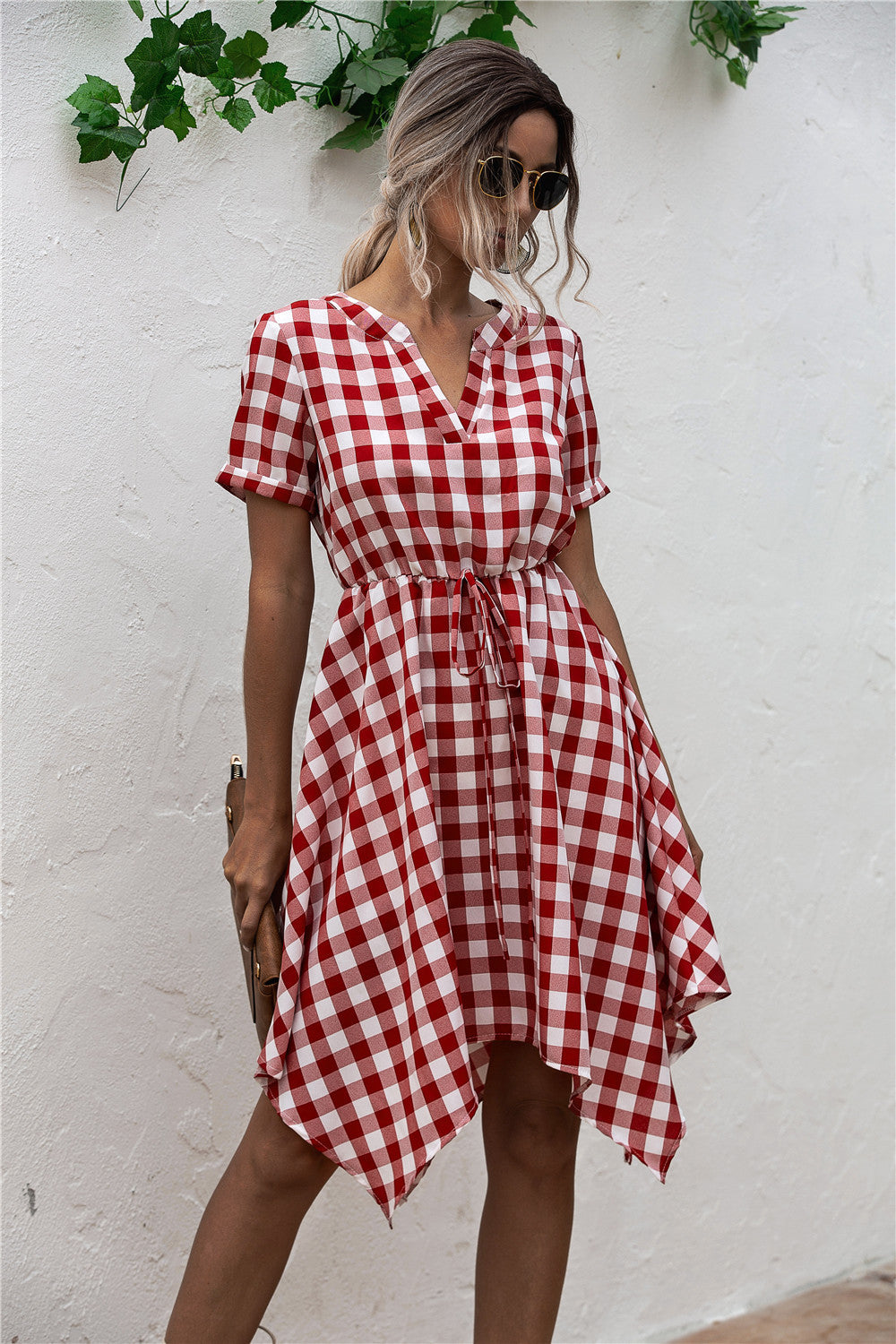 Original Design V-Neck Plaid Irregular Dress