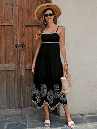 Women's Cotton Embroidered Midi Dress - Classic Black And White A-Line Sundress With Contrast Trim, Perfect For Vacation