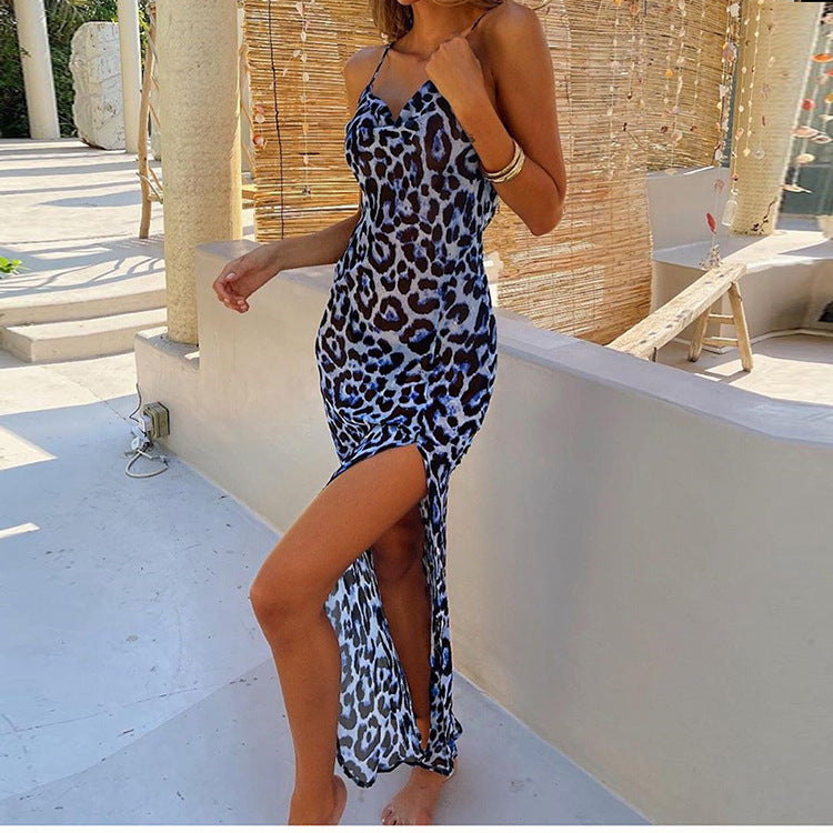 European American Summer New Beach Vacation Style Temperament Leopard Print Sexy Slit Slim-fit Suspender Dress