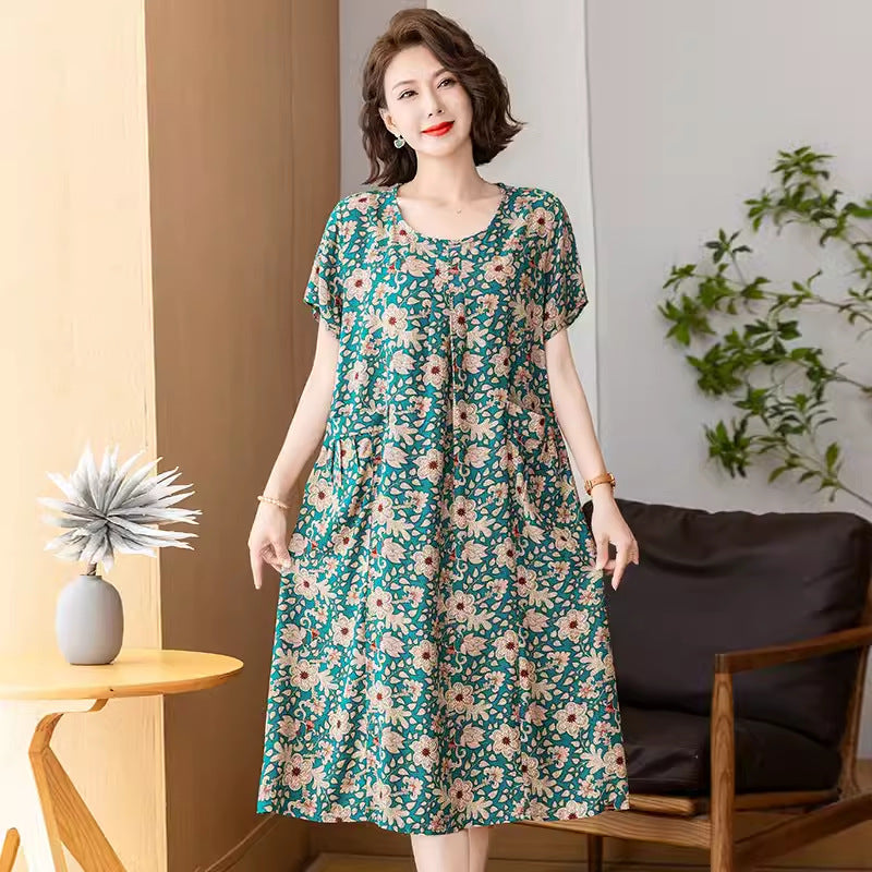 Middle-aged And Elderly Women's Cotton Silk Printing Maxi Dress