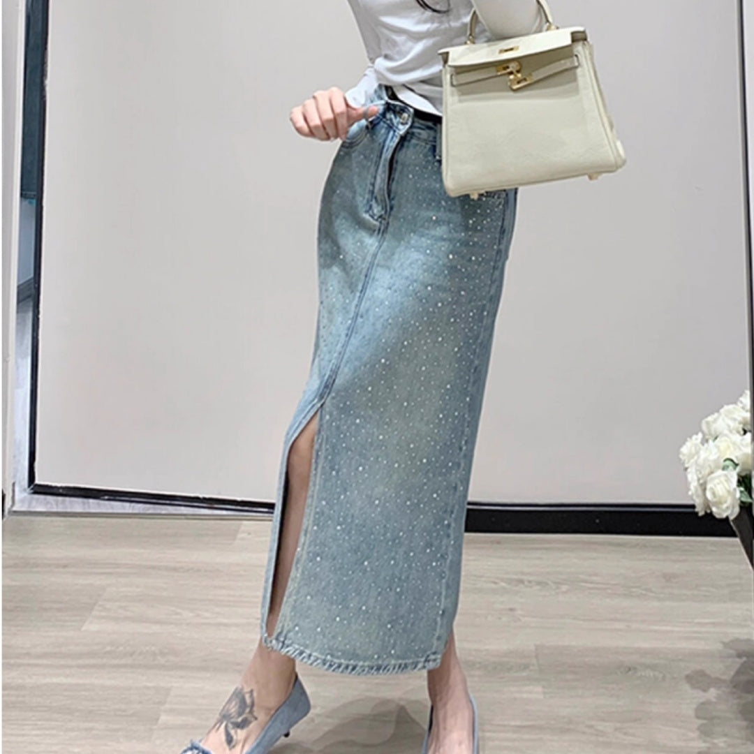 Women's Minimalist Hot Stamping Elastic Denim Skirt