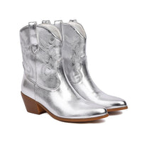 Mirror Patent Leather Embroidery Knee-high Boots Pointed Mid-calf Embroidery Chunky High Heel