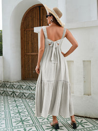 Women's Textured Cotton Maxi Dress - Elastic Smocked Front, Bow-Tie Back, And Lace Trimmed Hem In Elegant Yellow-Green-White