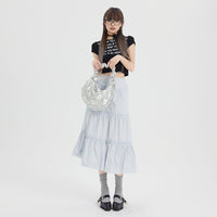 Ice Blue Pleated A- Line Ruffled Tiered Skirt