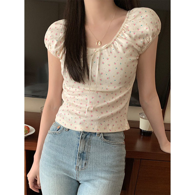 Slim-fit Crop-top Small Floral Flounce Trim Lace Up Short Sleeve