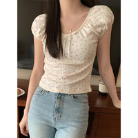 Slim-fit Crop-top Small Floral Flounce Trim Lace Up Short Sleeve