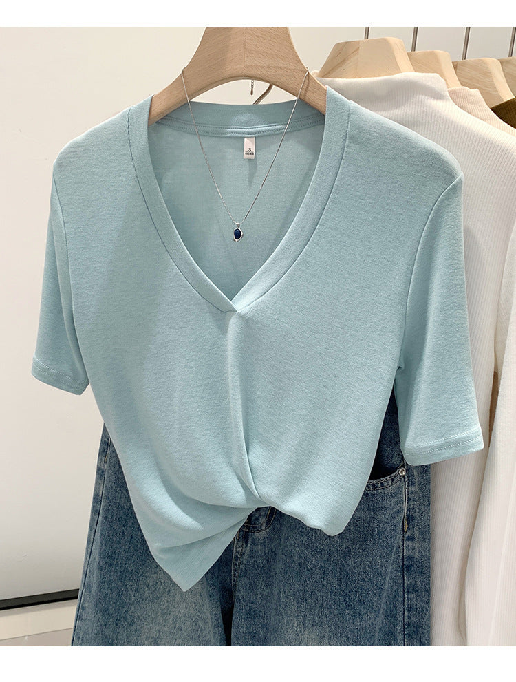 V-neck Shoulder Short-sleeved T-shirt Women's Fashion Small Top