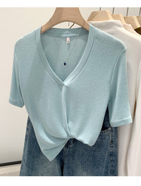 V-neck Shoulder Short-sleeved T-shirt Women's Fashion Small Top